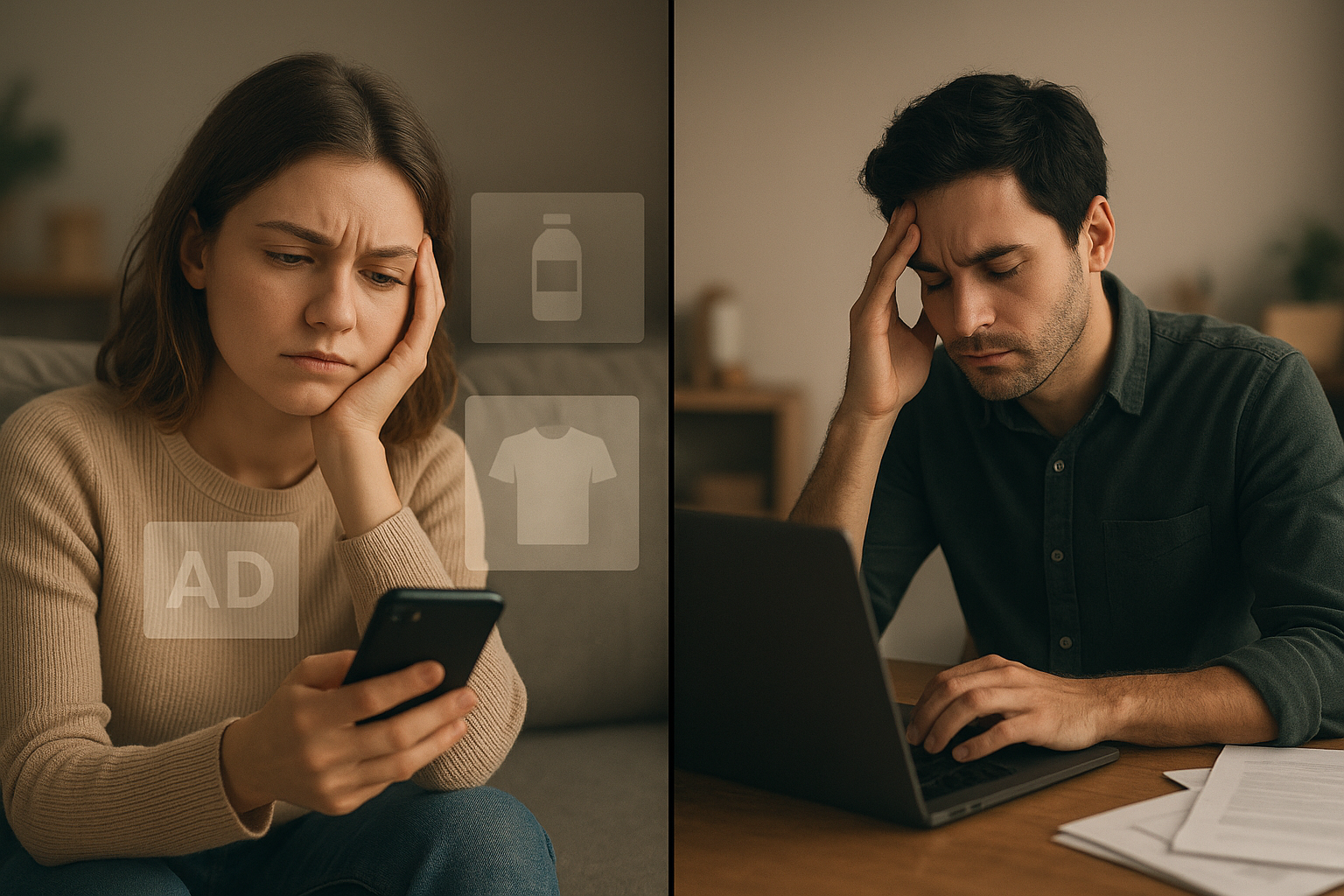 Frustrated shopper struggling to discover new products or unique brands — before finding Branscor, the brand discovery platform